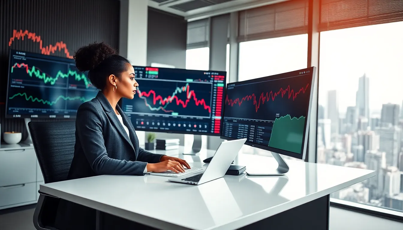 financial analyst reviewing stock market charts in a modern office.
