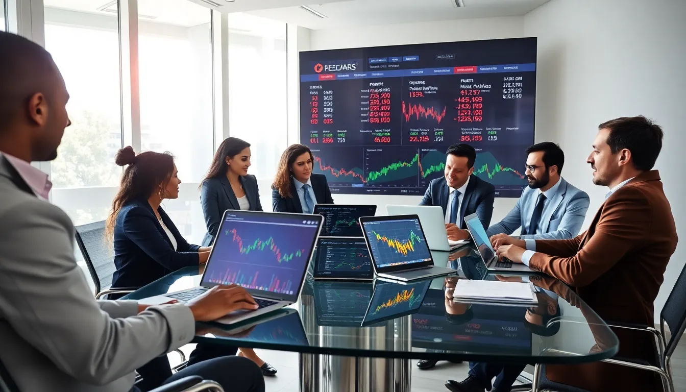 professionals analyzing stock market trends in a modern office.