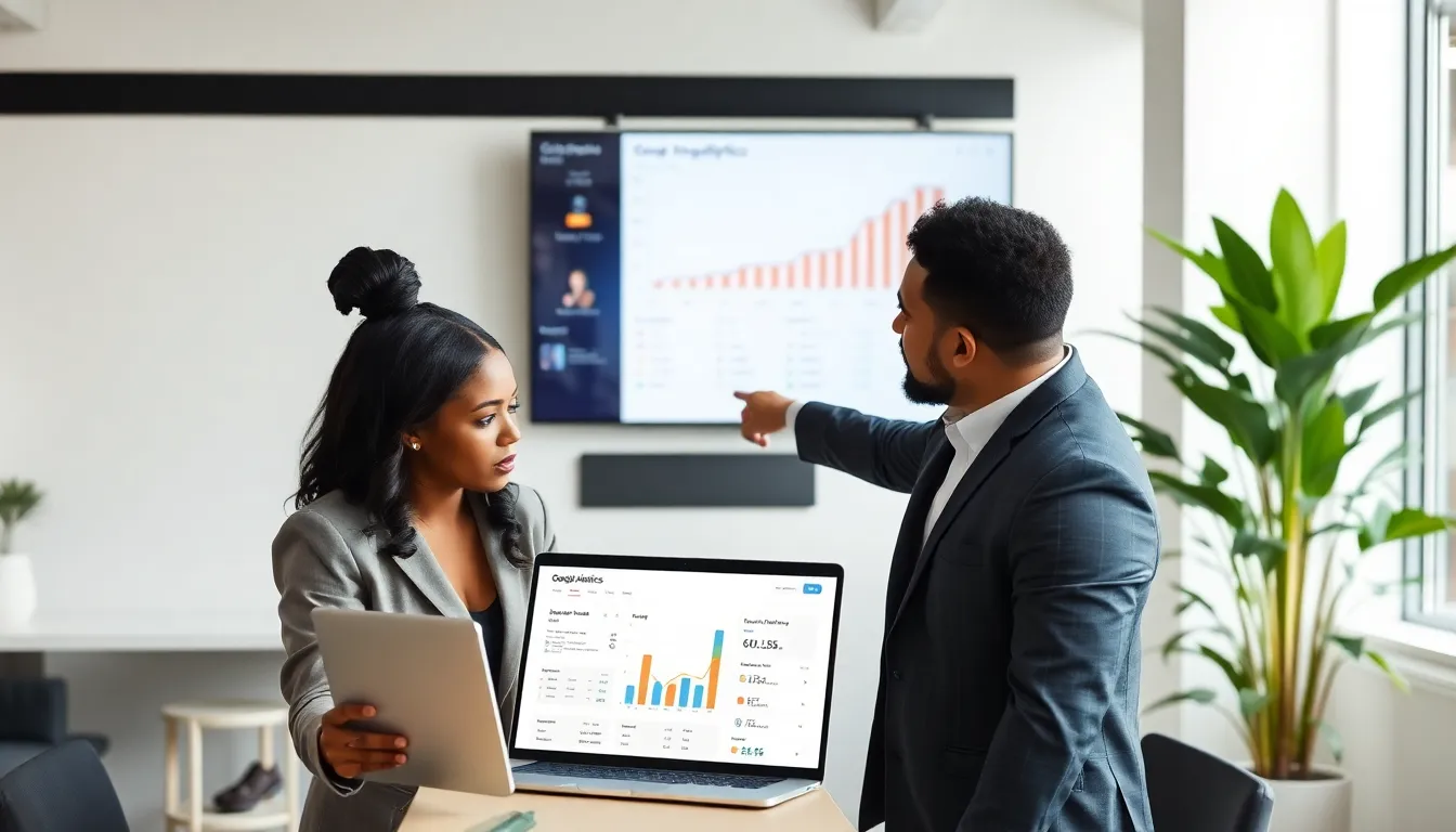 diverse marketing team analyzing Google Analytics data in a modern office.