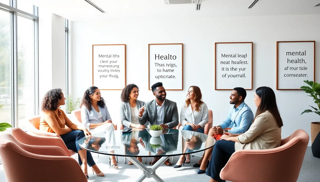diverse team discussing mental health in a modern office.