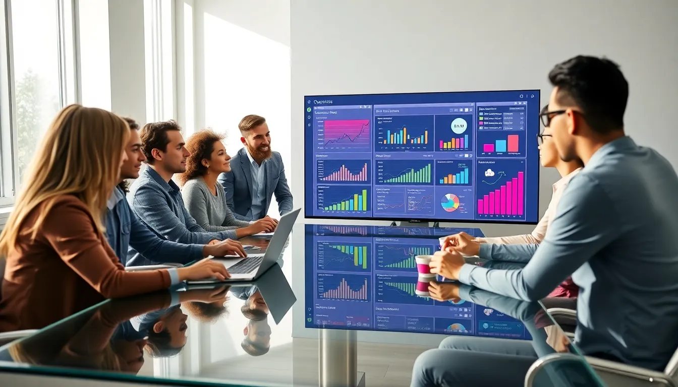 diverse team analyzing shopping engine search data in a modern office.