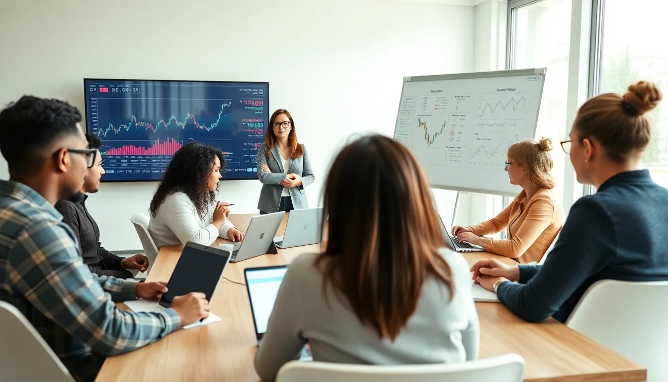 students participating in a stock market class in a modern classroom.