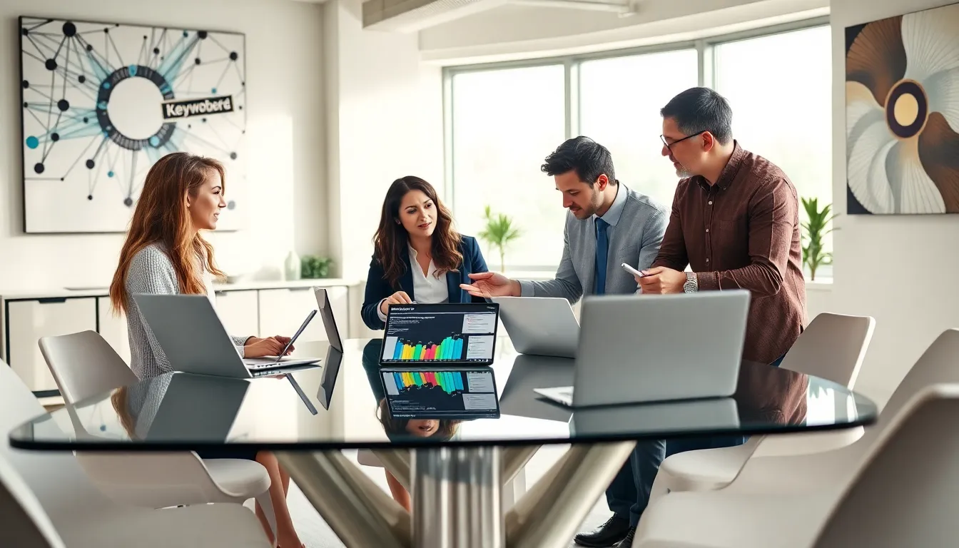 diverse team discussing keyword strategies in a modern office.