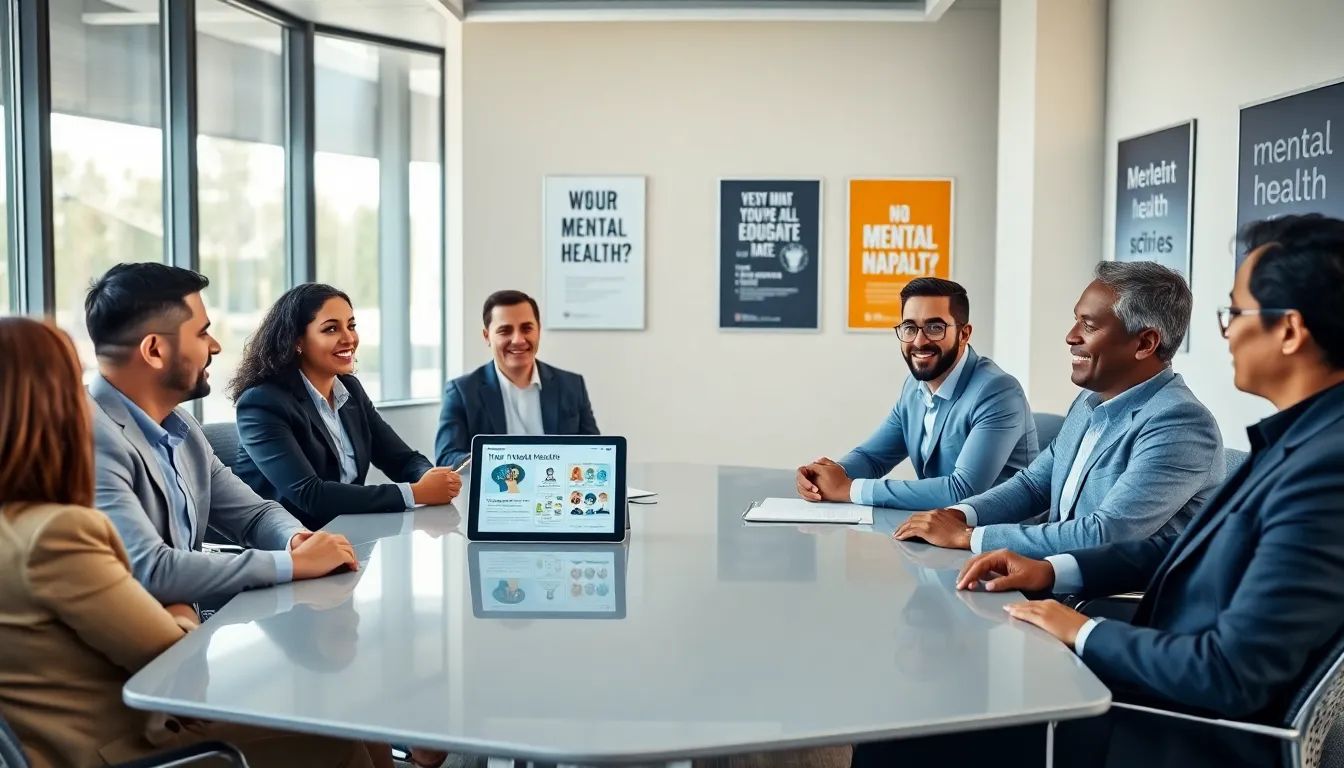 diverse team discussing mental health awareness in a modern office.