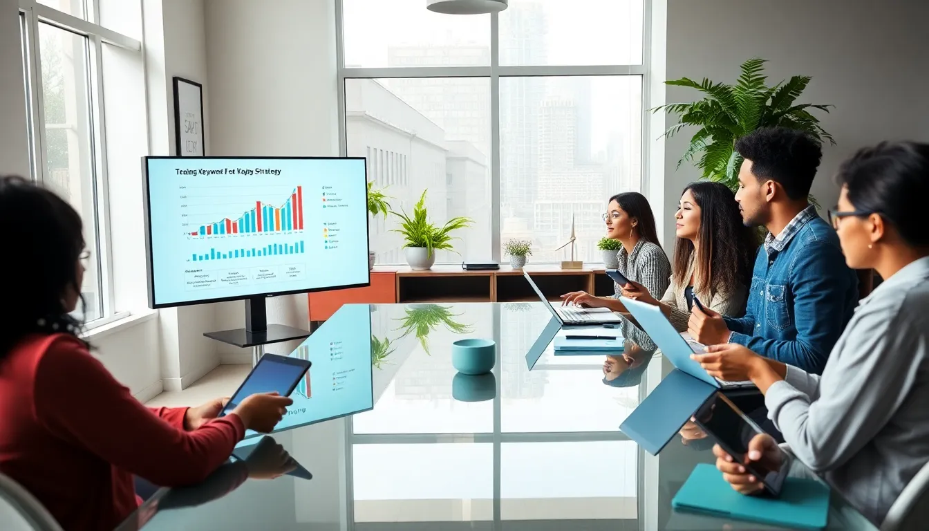 diverse marketing team analyzing trending keywords in a modern office.